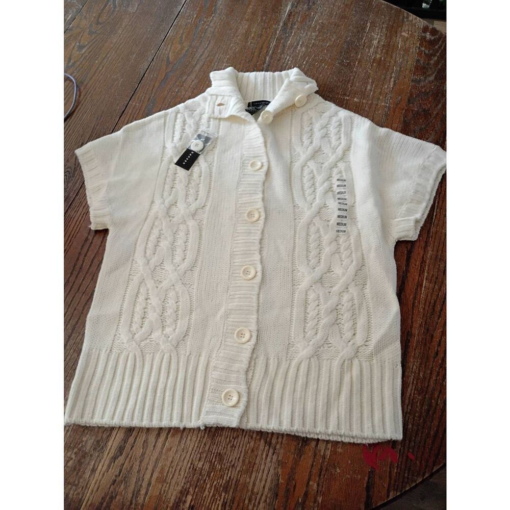 New Lauren Hansen Ivory Knit Sweater Womens Medium Button Front Short Sleeve